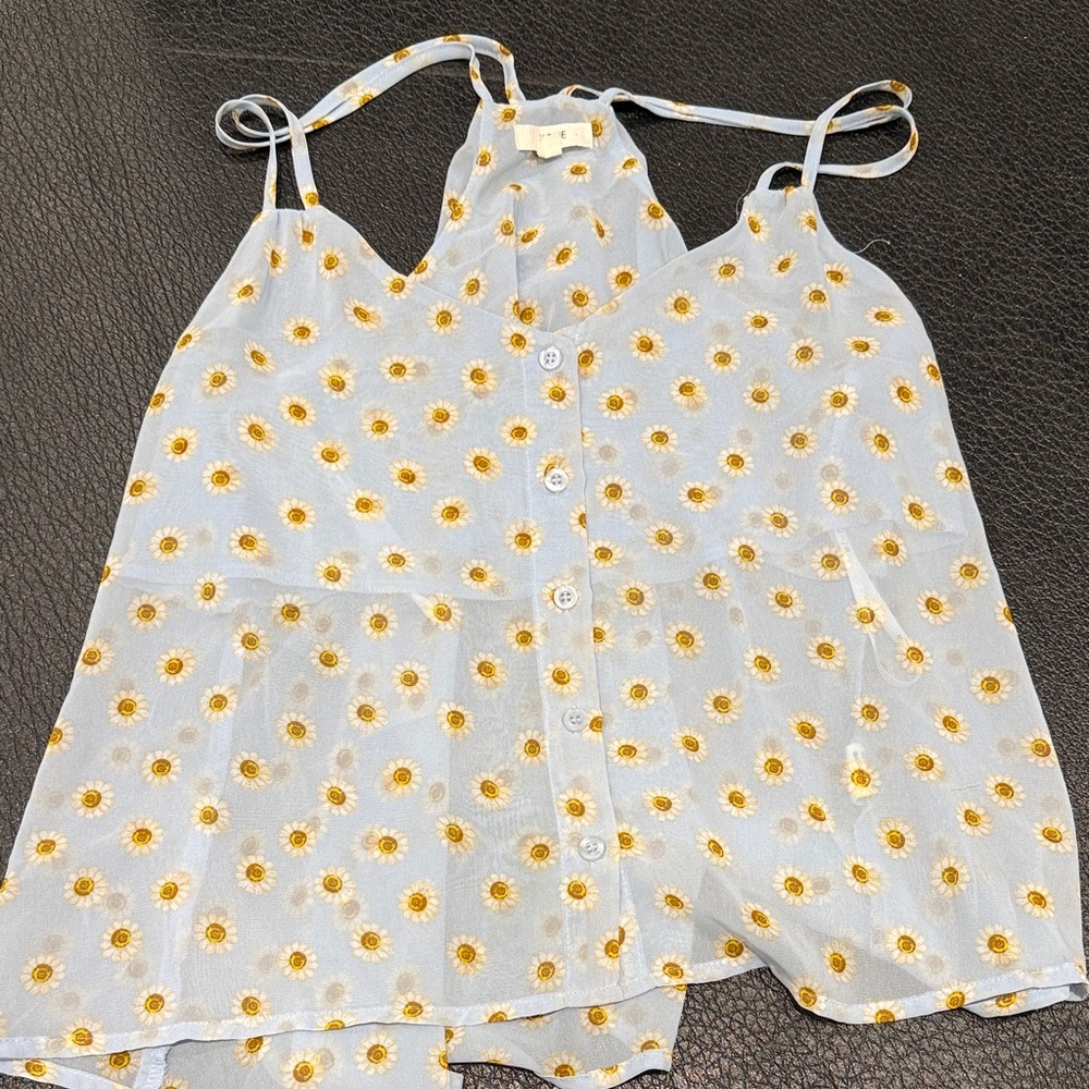 mine Light Blue Daisy Print Tie-Strap Top